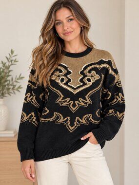 Vintage 80s Black Gold Metallic Sequin Sweater Baroque Oversized S/P